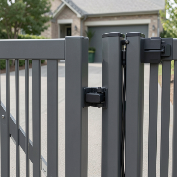 Swing gate automation system installed at residential driveway entrance.