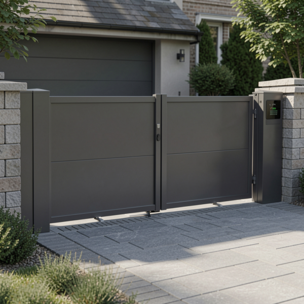 Swing gate automation with safety sensors and obstacle detection system.