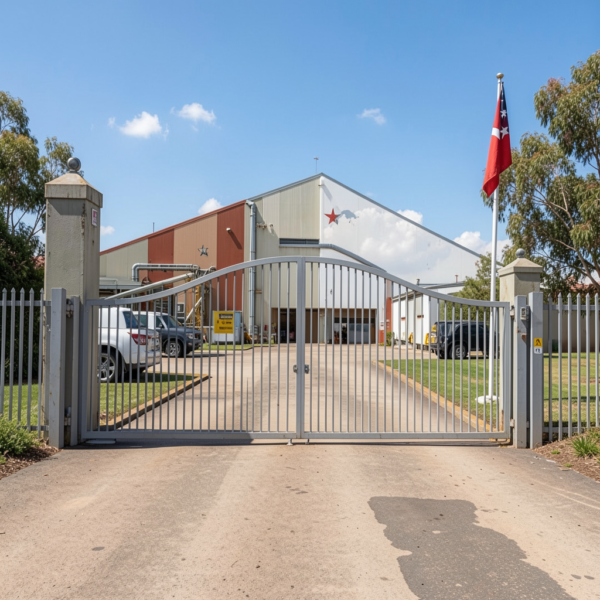 Outdoor siren for industry mounted on warehouse exterior for security alerts