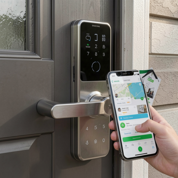 Smart lock connected to smartphone for wireless home security access.