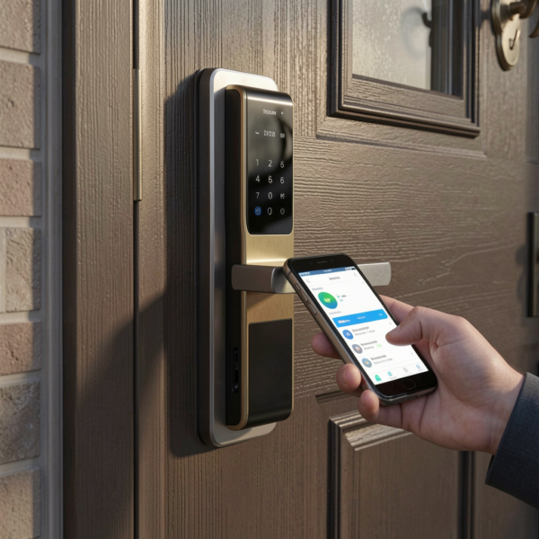 Remote access system controlling smart lock through mobile application.