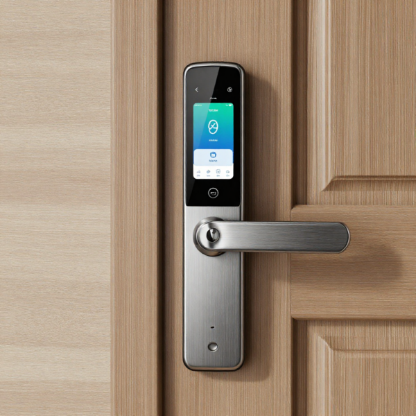 Smartphone app unlocking smart lock on modern home entrance door.
