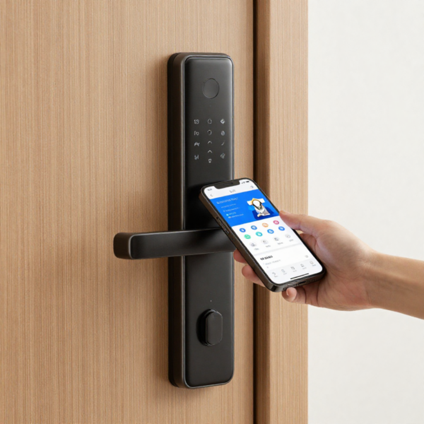 Smart lock technology controlling door access through mobile automation.