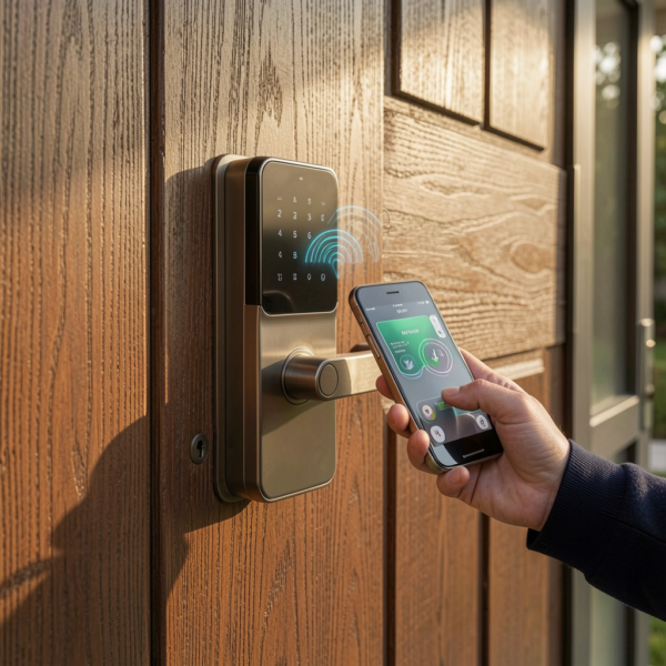 Smart lock installed on modern residential door with digital access control.