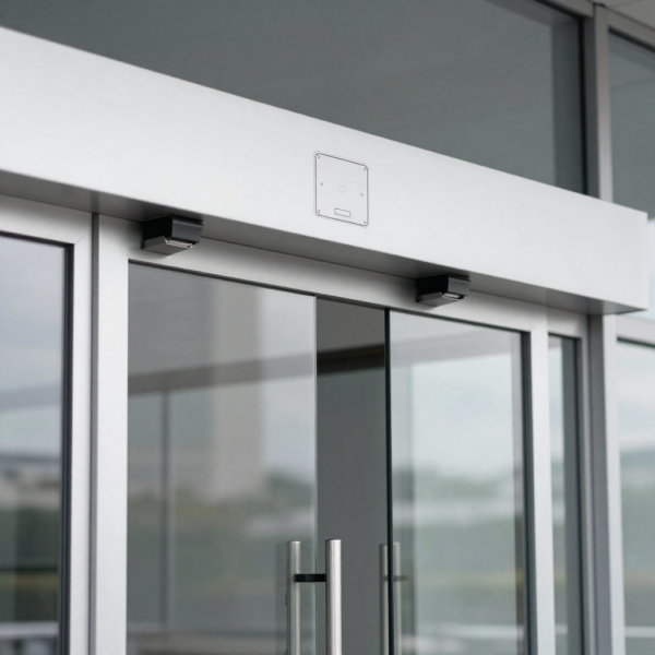 Glass swing door opening automatically with overhead door operator