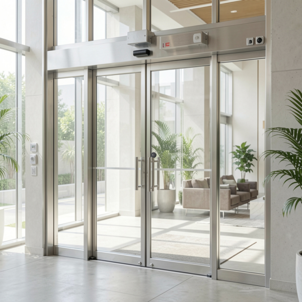 Automatic swing door opener system installed at modern building entrance