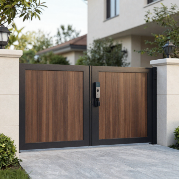 Swing gate automation system opening quietly at modern home entrance