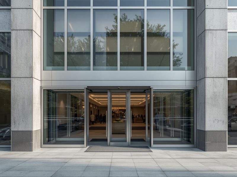 Technician servicing commercial sliding door operator system