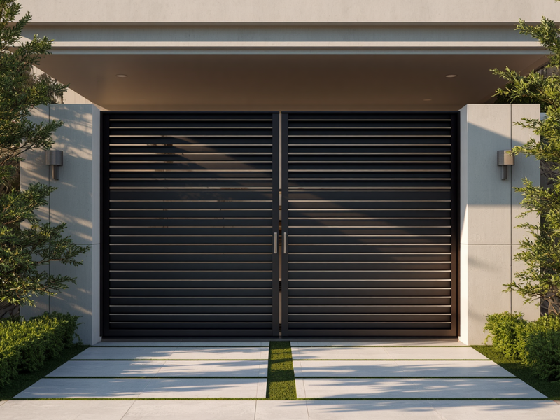 Automatic gate opening quietly modern residential driveway