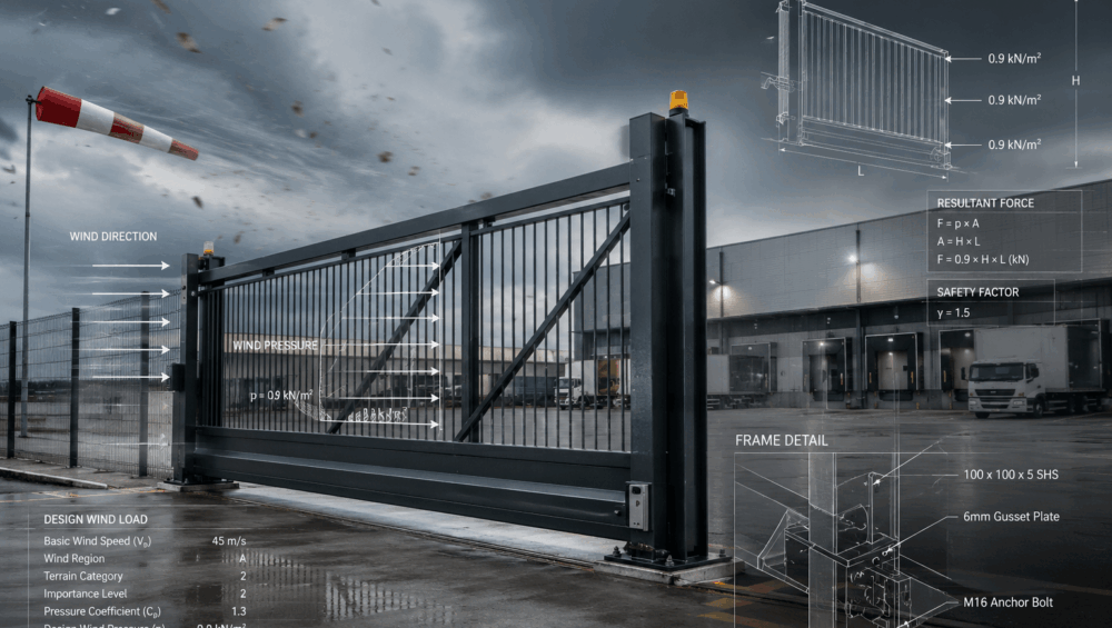 Learn how commercial sliding gate wind load calculations affect safety, compliance, motor performance, and structural integrity in commercial gate projects.