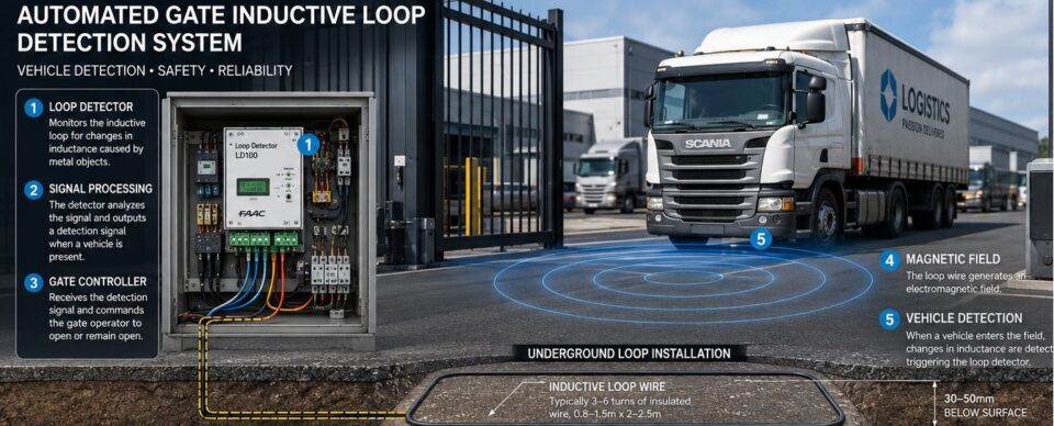 An inductive loop consists of wire embedded beneath the pavement surface. The loop forms part of an electrical circuit connected to a loop detector module located inside the gate controller cabinet.