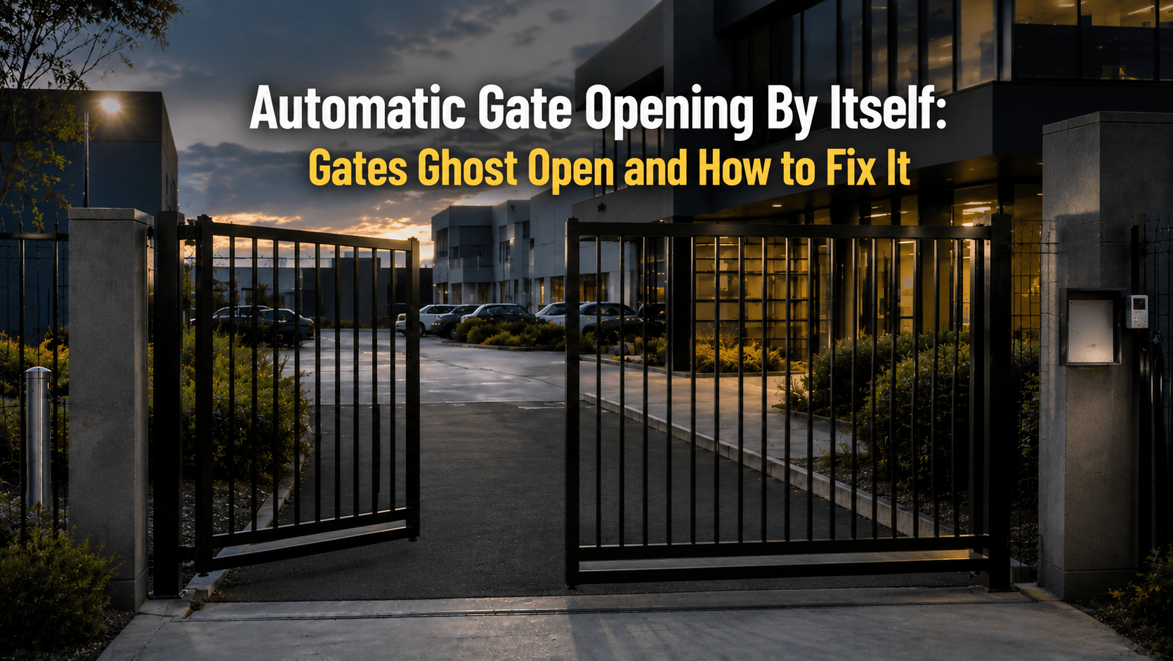 Commercial automatic swing gate with one leaf partially open at a modern building entrance, featuring the title "Automatic Gate Opening By Itself: Gates Ghost Open and How to Fix It".