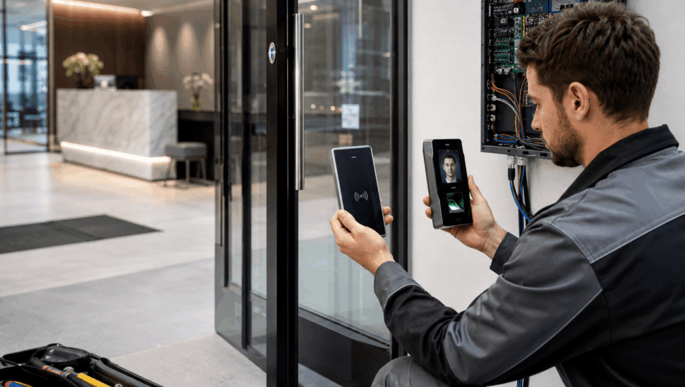 Compare commercial RFID card readers and biometric readers from an installer’s view: consider their mounting, cabling, commissioning, support and site fit.