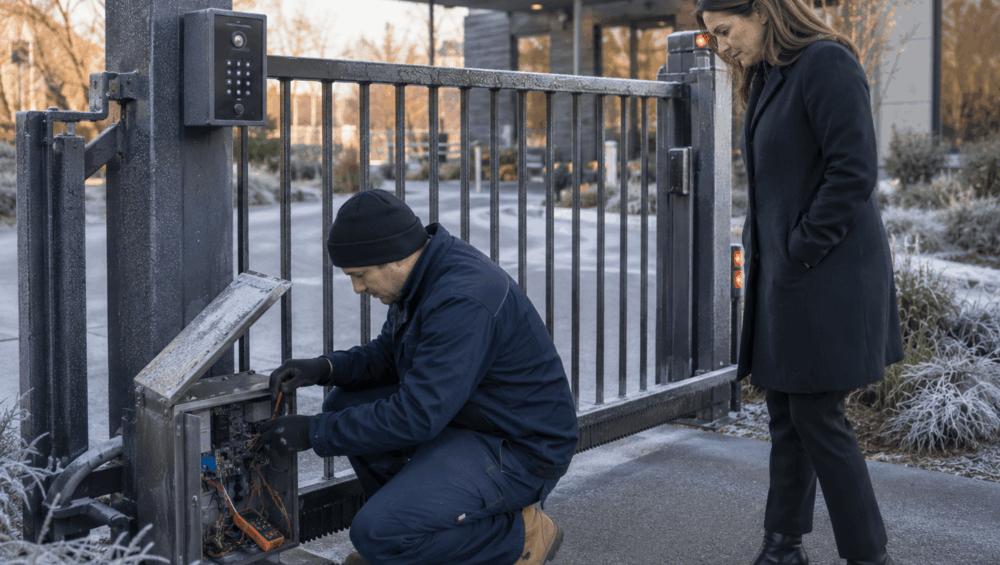 Learn automatic gate cold weather troubleshooting tips for office facilities, including hydraulic strain, slow movement, sensor faults and winter servicing.