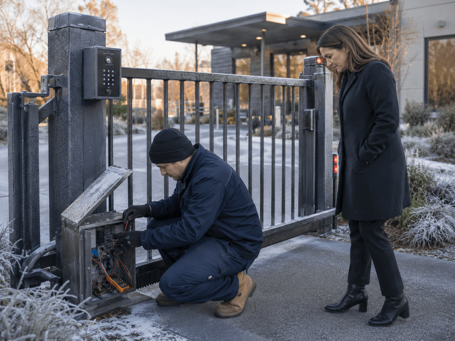 Learn automatic gate cold weather troubleshooting tips for office facilities, including hydraulic strain, slow movement, sensor faults and winter servicing.