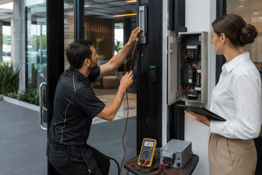 a qualified technician may test the maglock with a known-good compatible power source.