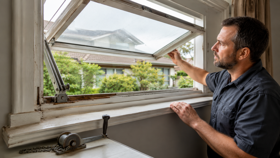 installer inspecting an existing window before fitting a retrofit electric window opener